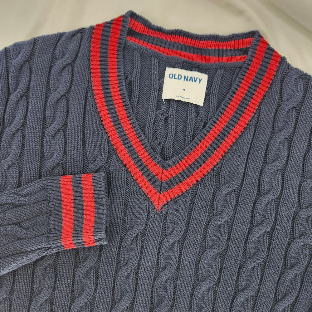 Navy Red Varsity V-Neck Mens Cable Knit Sweater Size M Academia Ivy League Bloke